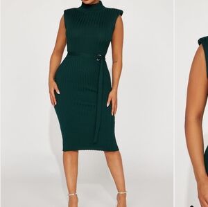 Elegant Belted Mock Neck Midi Dress - Teal